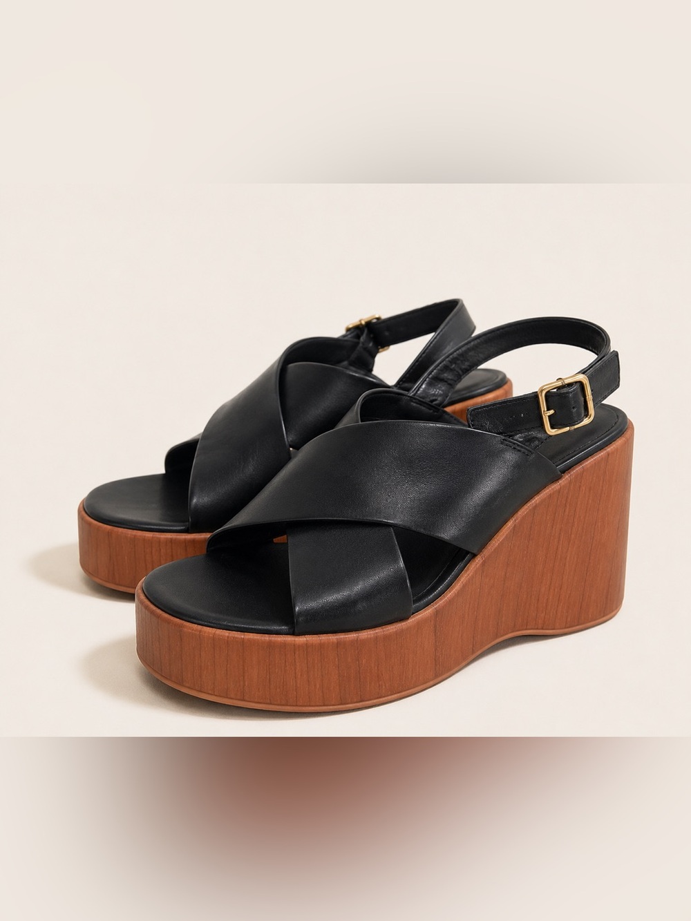 Torrid Black Platform Wedge Sandals Wood Grain Heel Slingback Size 9.5 WW